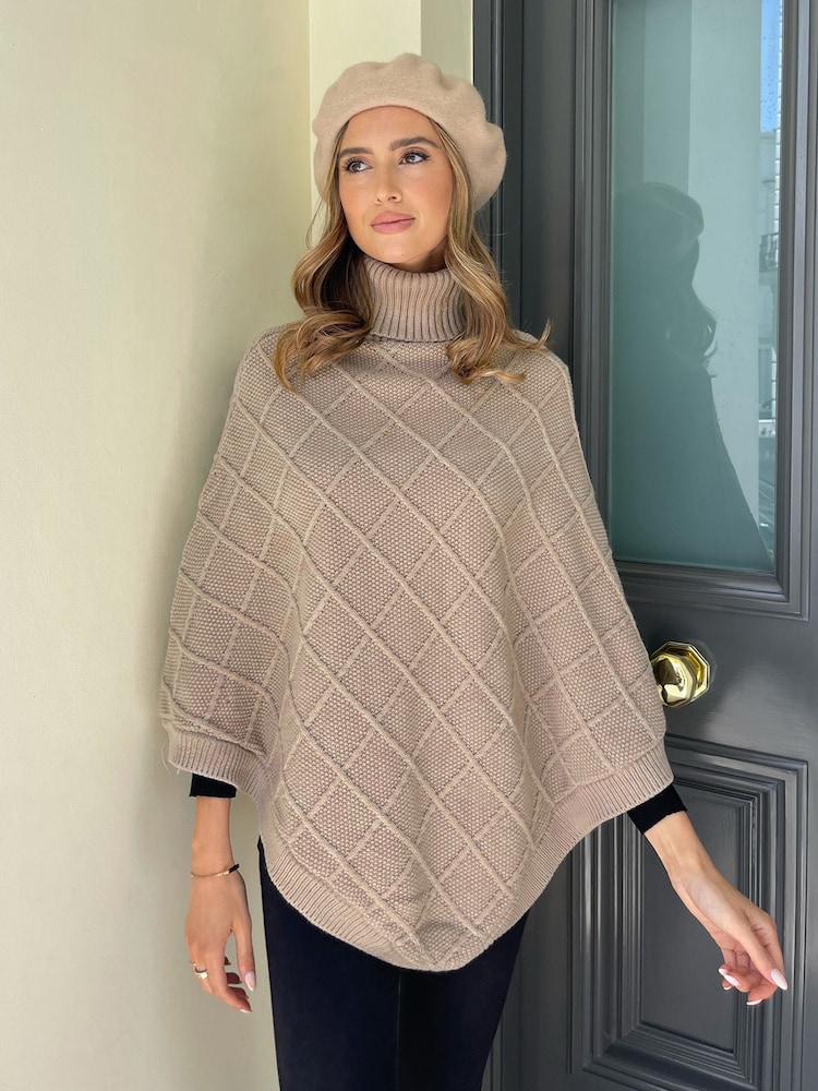 Lipsy Camel Cosy Cable Knit Roll Neck Poncho - Image 1 of 2 Lipsy Camel Cosy Cable Knit Roll Neck Poncho - Image 1 of 2
