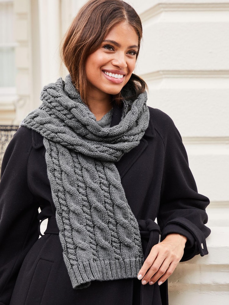 Lipsy Dark Grey Cosy Oversize Cable Knit Scarf - Image 1 of 3