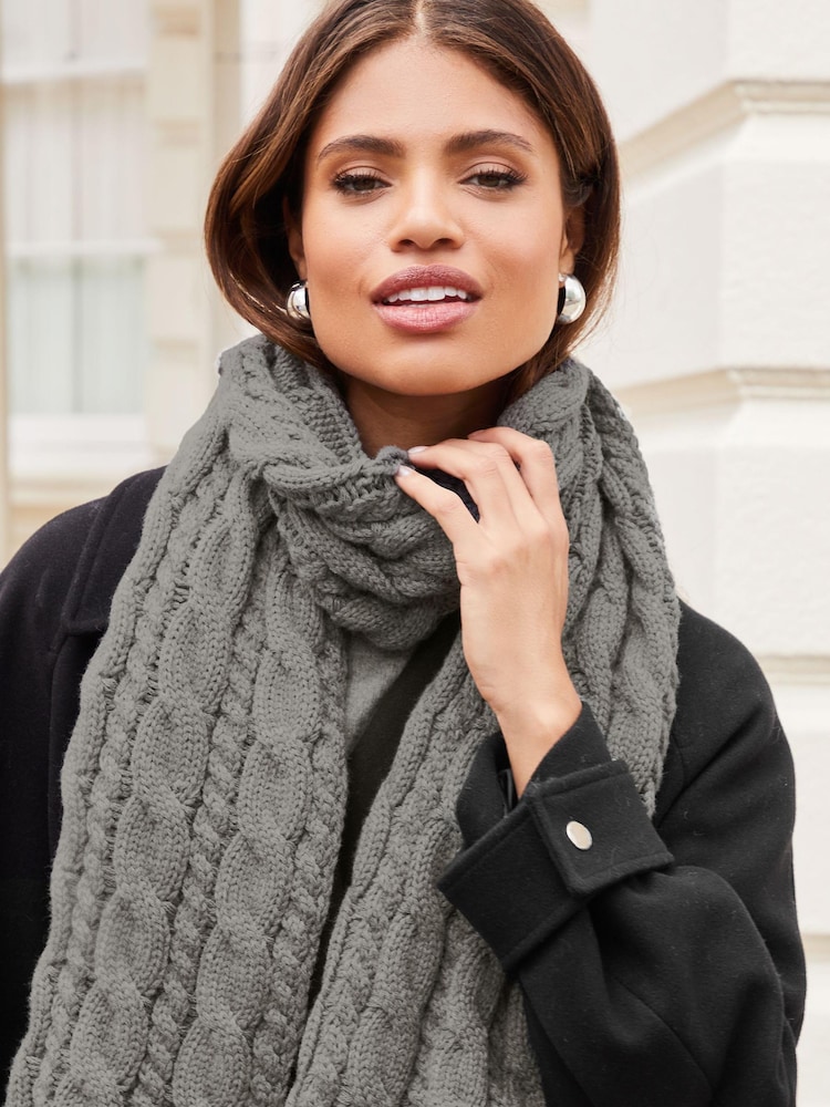 Lipsy Dark Grey Cosy Oversize Cable Knit Scarf - Image 2 of 3
