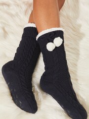 Lipsy Navy Blue Chunky Cosy Cable Knitted Slipper Socks - Image 1 of 5