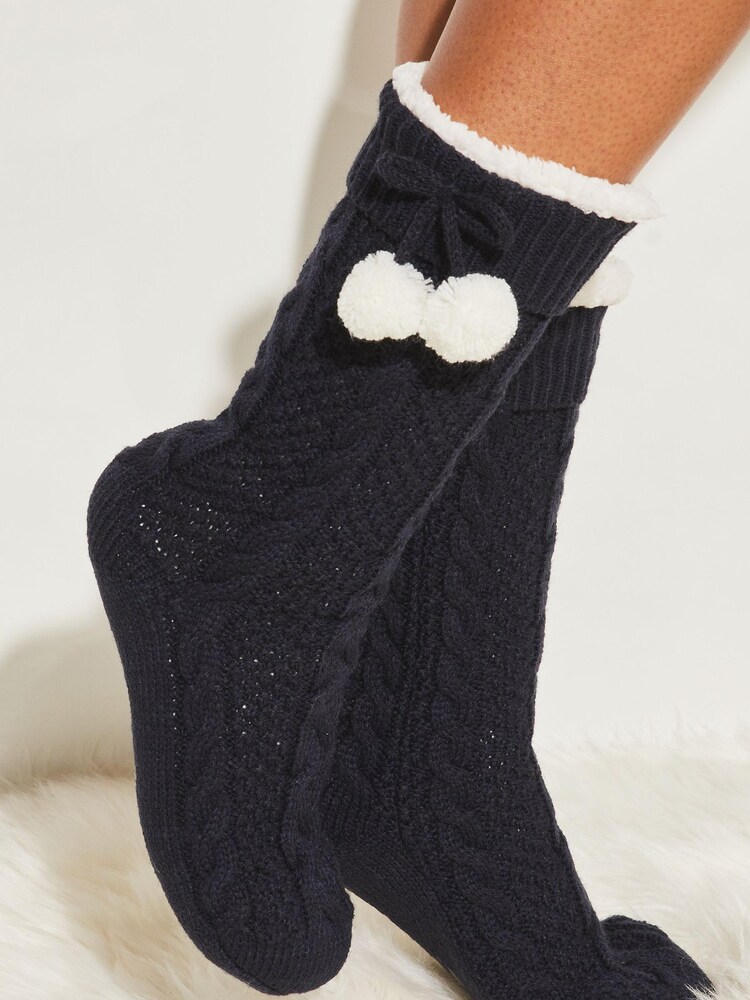 Lipsy Navy Blue Chunky Cosy Cable Knitted Slipper Socks - Image 2 of 5