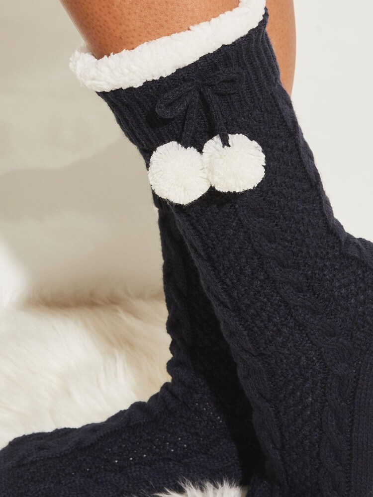 Lipsy Navy Blue Chunky Cosy Cable Knitted Slipper Socks - Image 3 of 5
