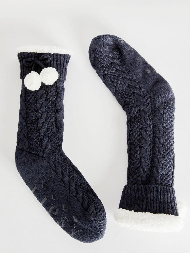 Lipsy Navy Blue Chunky Cosy Cable Knitted Slipper Socks - Image 4 of 5