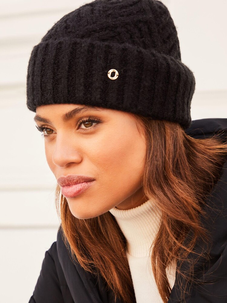 Lipsy Black Super Soft Knitted Hatch Beanie Hat - Image 1 of 4 Lipsy Black Super Soft Knitted Hatch Beanie Hat - Image 1 of 4