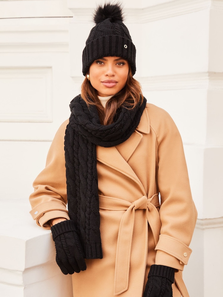 Lipsy Black 1 Cosy Cable Bobble Hat - Image 2 of 4 Lipsy Black 1 Cosy Cable Bobble Hat - Image 2 of 4