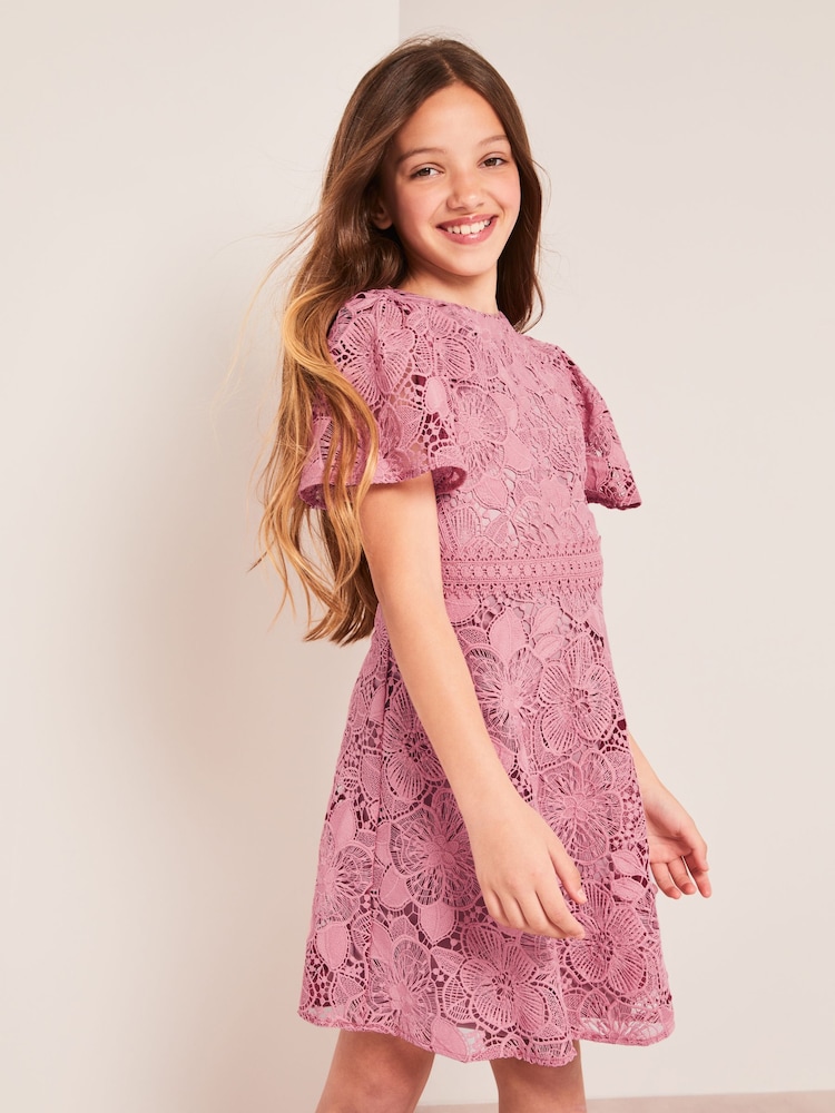 Lipsy Rose Pink Flutter Sleeve Lace Occasion Dress - Image 1 of 4
