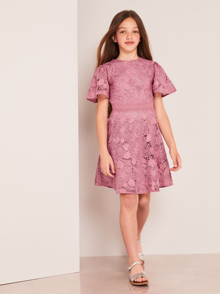 Lipsy Rose Pink Flutter Sleeve Lace Occasion Dress - Image 2 of 4