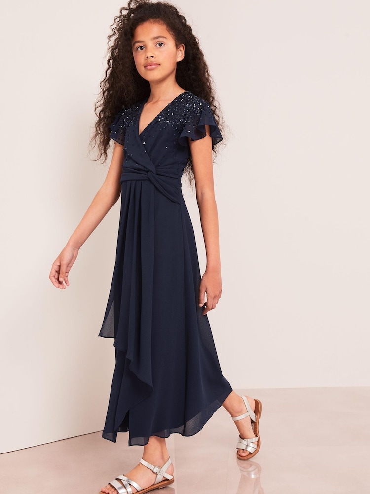 Lipsy Navy Embellished Flutter Sleeve Occasion Maxi Dress - Teen - Image 1 of 4 Lipsy Navy Embellished Flutter Sleeve Occasion Maxi Dress - Teen - Image 1 of 4