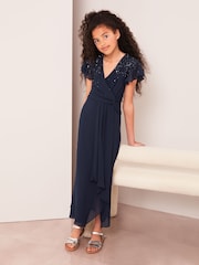 Lipsy Navy Embellished Flutter Sleeve Occasion Maxi Dress - Teen - Image 2 of 4