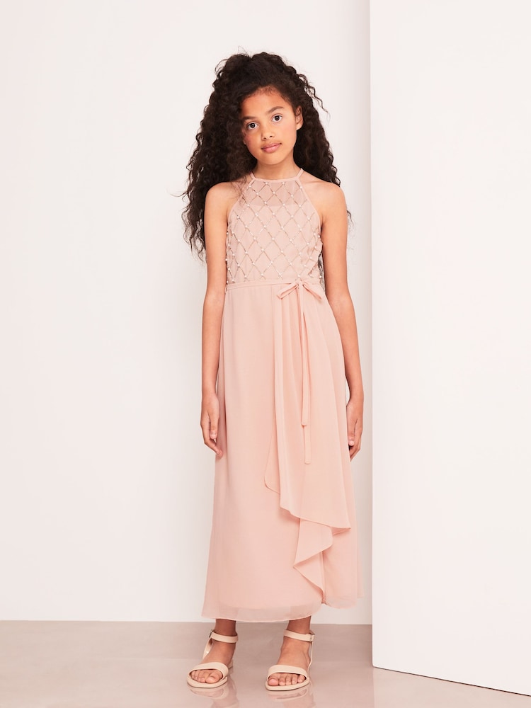 Lipsy Pink Strap Maxi Pearl Occasion Dress (7-16yrs) - Image 1 of 4