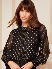 Love & Roses Black Metallic Chiffon High Neck Embellished Blouse - Image 1 of 4