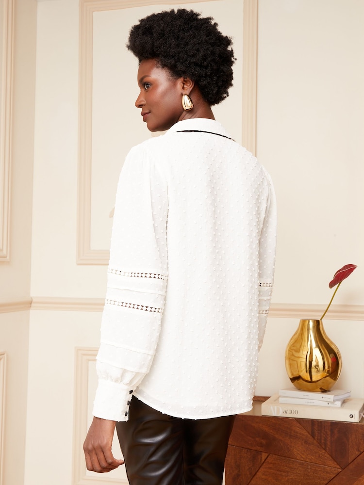 Love & Roses Ivory White Long Sleeve Dobby Contrast Tie Button Through Shirt - Image 2 of 3 Love & Roses Ivory White Long Sleeve Dobby Contrast Tie Button Through Shirt - Image 2 of 3