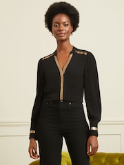 Love & Roses Black and Gold Sequin V Neck Long Sleeve Blouse - Image 1 of 4