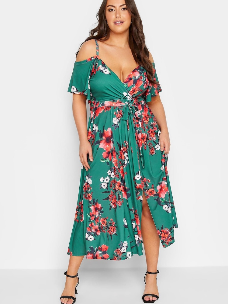 Yours Curve Green London Cold Shoulder Wrap Dress - Image 2 of 4