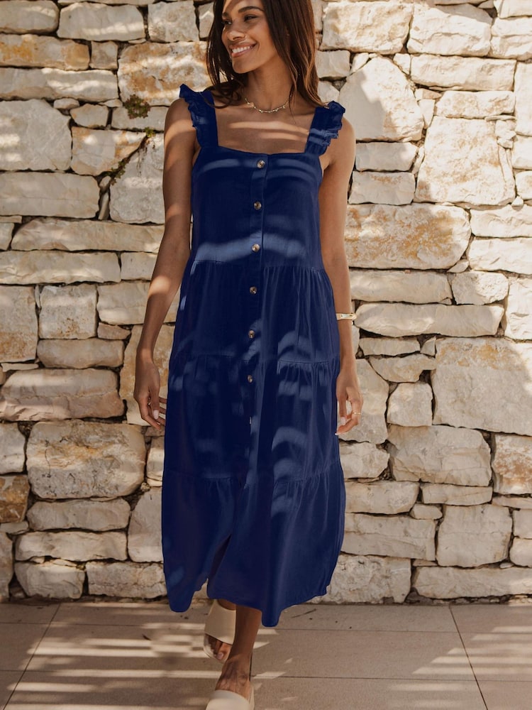 Threadbare Blue Linen Blend Tiered Midi Dress - Image 1 of 4