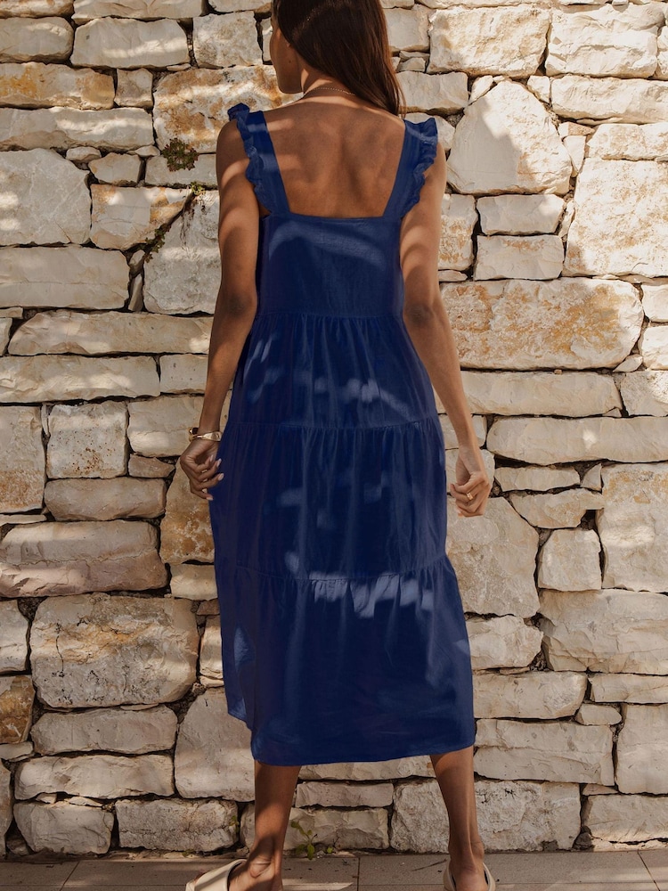 Threadbare Blue Linen Blend Tiered Midi Dress - Image 2 of 4