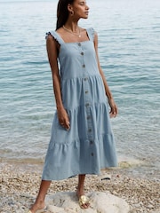 Threadbare Chambray Linen Blend Tiered Midi Dress - Image 1 of 4