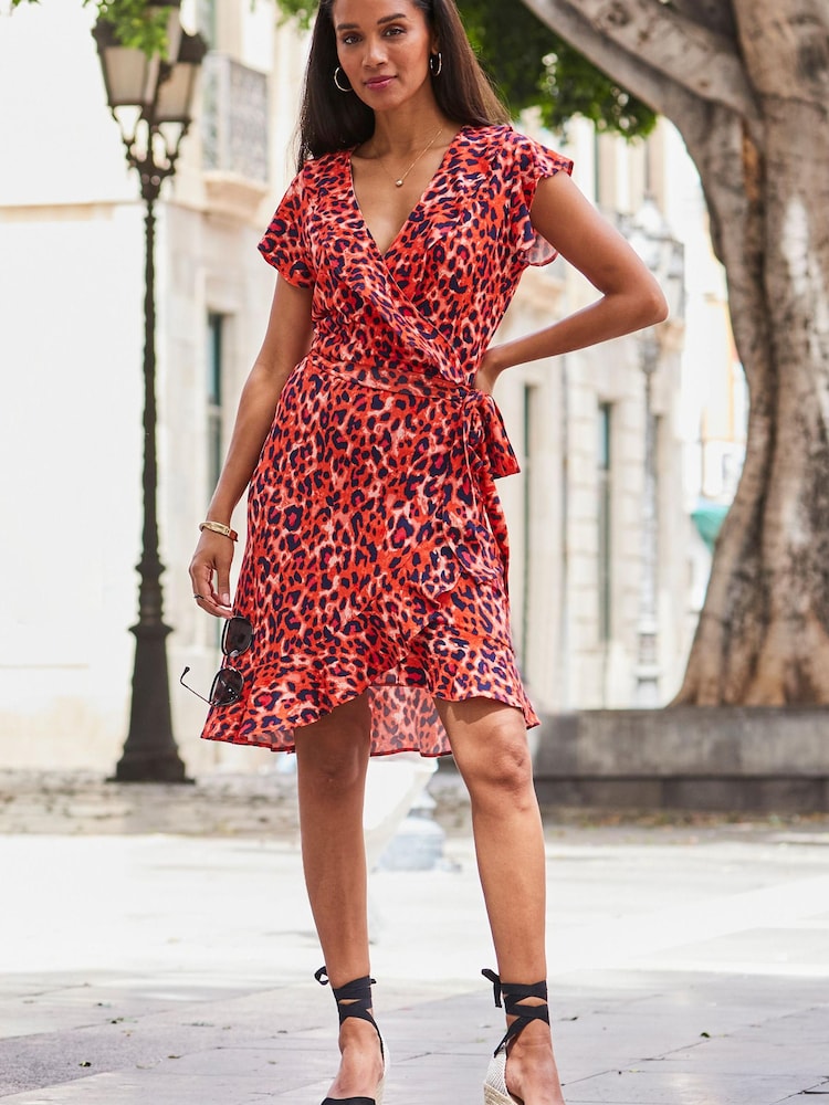 Sosandar Red Animal Short Sleeve Ruffle Detail Wrap Dress - Image 1 of 6