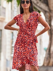 Sosandar Red Animal Short Sleeve Ruffle Detail Wrap Dress - Image 3 of 6