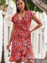Sosandar Red Animal Short Sleeve Ruffle Detail Wrap Dress - Image 6 of 6
