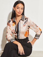 Lipsy Pink Floral Printed Satin Button Through Shirt - Image 1 of 4