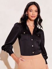 Lipsy Black Front Pocket Button Through Shirt - Image 1 of 4