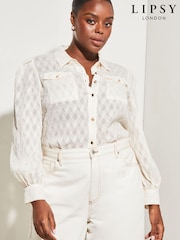 Lipsy Cream Burnout Curve Front Pocket Button Through Shirt - Image 1 of 4