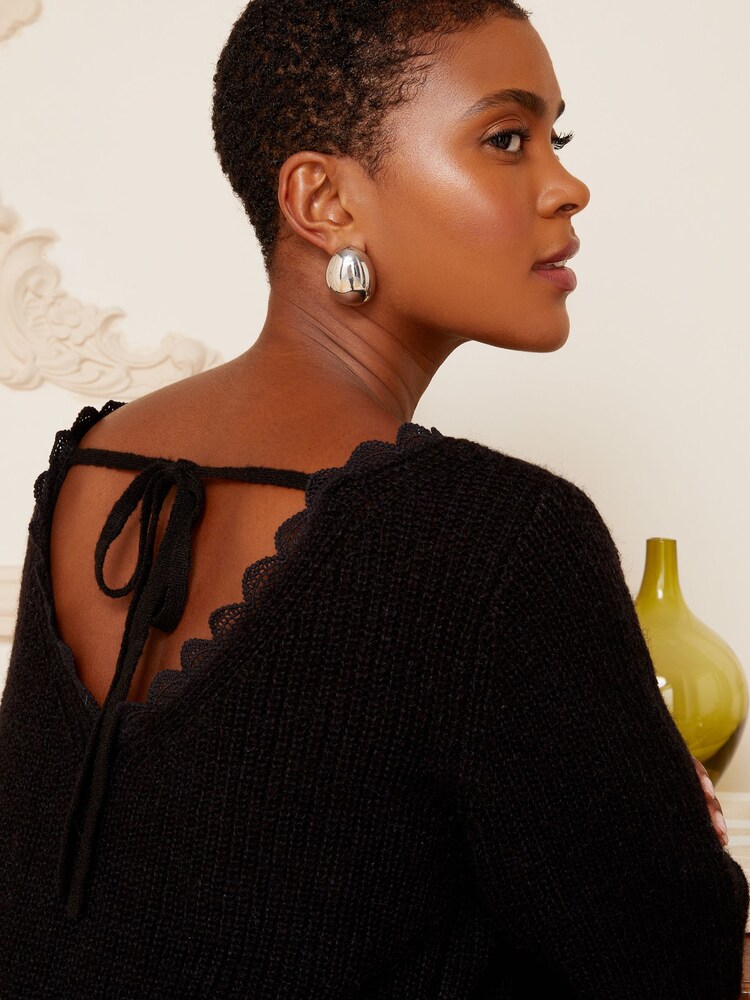Love & Roses Black Lace Trim V Neck Pointelle Knitted Jumper - Image 4 of 4