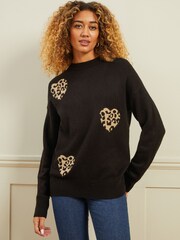 Love & Roses Black Heart Animal Cosy Knitted Jumper - Image 1 of 4