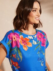 Love & Roses Blue Floral Print Crew Neck Jersey T-Shirt - Image 2 of 4