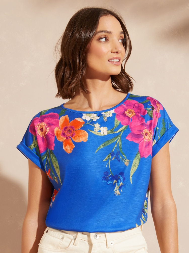 Love & Roses Blue Floral Print Crew Neck Jersey T-Shirt - Image 4 of 4