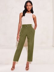 Lipsy Khaki Green Tapered Belted Smart Trousers - Image 3 of 4