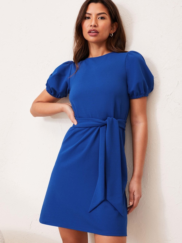 Lipsy Cobalt Blue Puff Sleeve Belted Shift Dress - Image 1 of 4