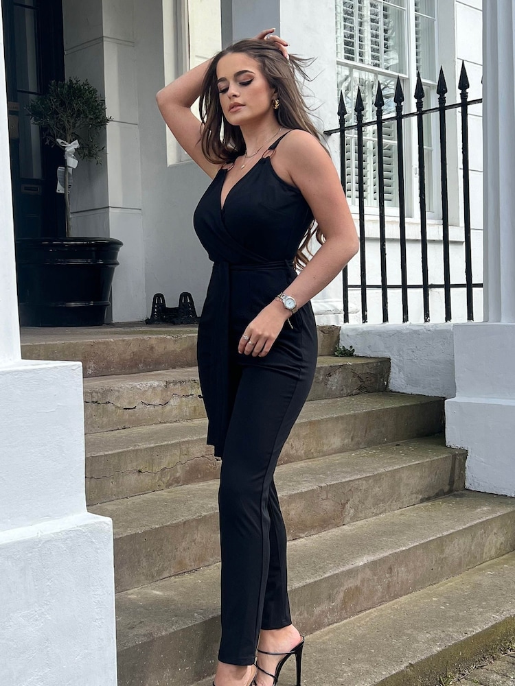 Girl In Mind Black Ring Detail Wrap Neck Jumpsuit - Image 4 of 4 Girl In Mind Black Ring Detail Wrap Neck Jumpsuit - Image 4 of 4