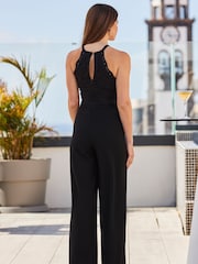 Sosandar Black Halter Neck Lace Jumpsuit - Image 4 of 6