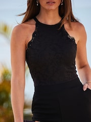 Sosandar Black Halter Neck Lace Jumpsuit - Image 6 of 6