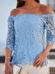 Sosandar Blue Lace Bardot Top - Image 5 of 6