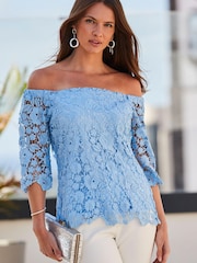 Sosandar Blue Lace Bardot Top - Image 6 of 6