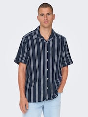 Only & Sons Navy Blue and White Woven Textured Short Sleeve Shirt - Image 1 of 5