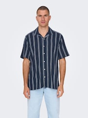 Only & Sons Navy Blue and White Woven Textured Short Sleeve Shirt - Image 2 of 5