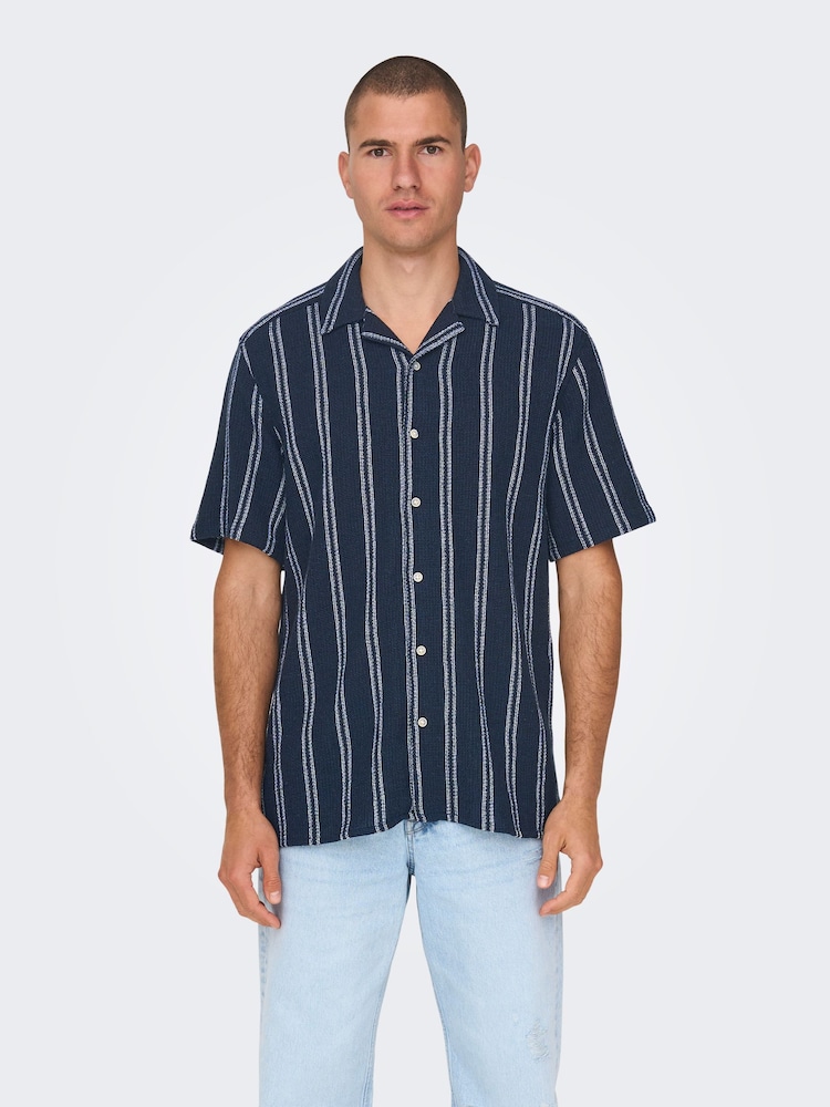 Only & Sons Navy Blue and White Woven Textured Short Sleeve Shirt - Image 2 of 5