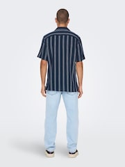 Only & Sons Navy Blue and White Woven Textured Short Sleeve Shirt - Image 3 of 5