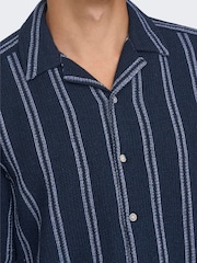 Only & Sons Navy Blue and White Woven Textured Short Sleeve Shirt - Image 4 of 5