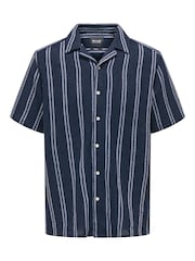 Only & Sons Navy Blue and White Woven Textured Short Sleeve Shirt - Image 5 of 5