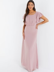 Quiz Light Pink Chiffon Round Neck Frill Sleeve Maxi Dress - Image 1 of 5