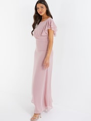 Quiz Light Pink Chiffon Round Neck Frill Sleeve Maxi Dress - Image 3 of 5