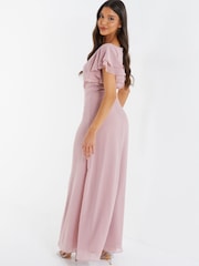 Quiz Light Pink Chiffon Round Neck Frill Sleeve Maxi Dress - Image 4 of 5