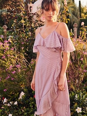 Quiz Purple & Gold Foil Print Cold Shoulder Wrap Midi Dress - Image 1 of 5