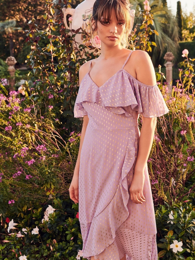 Quiz Purple & Gold Foil Print Cold Shoulder Wrap Midi Dress - Image 1 of 5