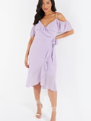 Quiz Purple & Gold Foil Print Cold Shoulder Wrap Midi Dress - Image 2 of 5